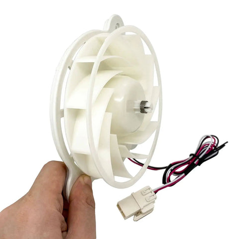 Person holding a DC 12V Refrigerator Evaporator Fan Motor Replacement Part For Freezer And Fresh Food Cooling Quiet DIY Friendly 1870 RPM 2.5W 0.12A Durable OEM Style Replaces DA96-00968A DA31-00334A PS9494284 AP5948644 showing blades and wires