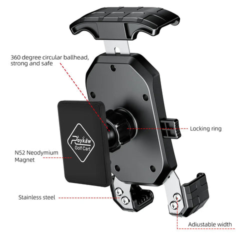 Detailed image of Golf Cart Magnetic Phone Holder Mount with Ultra Strong Rare Earth Magnets for EZGO Club Car Yamaha, showing features and materials.