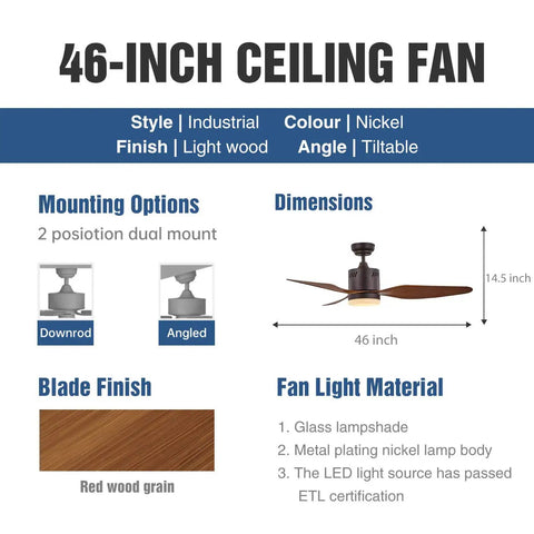 Dope Indoor 46 Inch Ceiling Fan With Three Reversible Wooden Brown Blades And Frosted Glass Light Pull Chain Switch Metal Shell