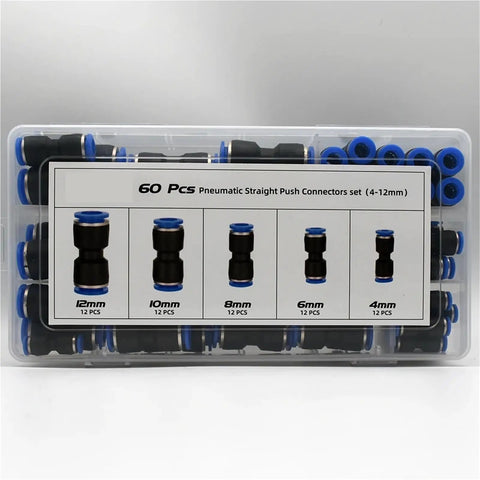 Get These 60pcs Pneumatic Push To Connect Fittings Kit With 4-12mm Pu Air Line Quick Couplers For Easy Tool-Free Assembly And Rock Solid Sealing That Slams It In Place Perfectly, 60-piece 4-12mm connector kit in plastic case
