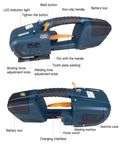 No Sweat Portable Electric Strapping Machine For 1/2 To 5/8 Inch Heavy Duty Steel Plastic Straps with adjustable knobs and battery box.