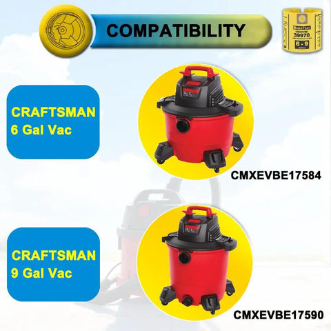 Compatibility chart for 4 Pack Shop Vac Bags For Craftsman 6 And 9 Gallon Wet Dry Vacs Part 39970 showing two models.