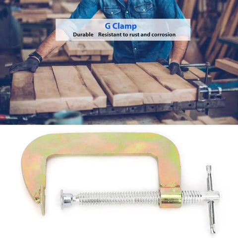 Hefty 6 Inch C Clamp For Woodworking And Welding Made From Heavy Duty Heat Treated Carbon Steel in a workshop setting.
