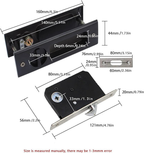 Diagram of 6.3 Inch Privacy Pocket Door Lock Hardware for Double Barn Doors Keyless Mortise Lock Sliding Door System in Black.