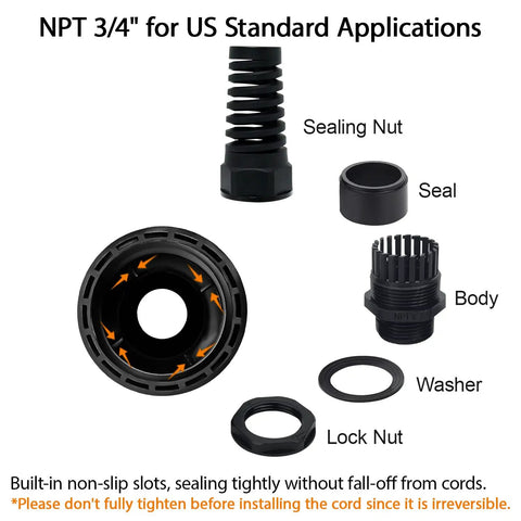 Rugged NPT Three Quarter Inch Cable Gland Kit IP68 Waterproof Spiral Strain Relief Black Nylon With Gaskets components