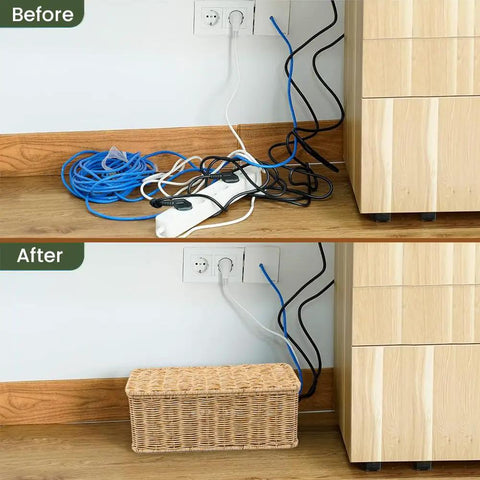 Before and after showing the Handmade Rattan Cable Management Box With Two Open Slots For Power Strips Routers And USB Hubs Cord Hider For Clean Minimalist Home Office Setup Natural Finish Patent Protected Design 13 By 5 By 5 Inches hiding messy cables.