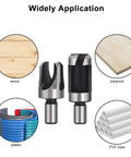 8 Piece Wood Plug Cutter Drill Bit Set with Pro Grade Titanium Coated Carbon Steel Bits for smooth chamfered plugs shown with surfaces
