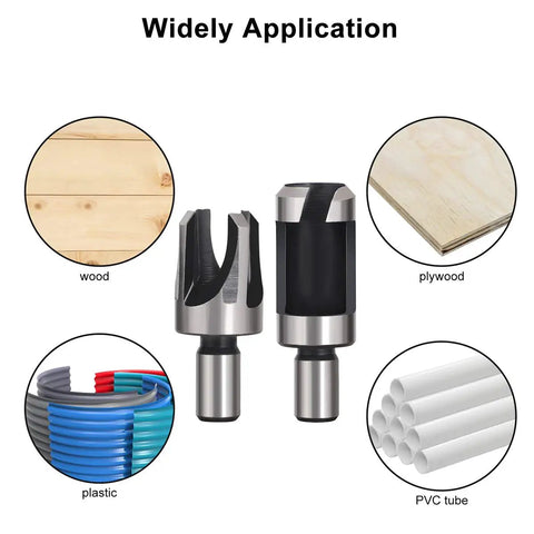 8 Piece Wood Plug Cutter Drill Bit Set with Pro Grade Titanium Coated Carbon Steel Bits for smooth chamfered plugs shown with surfaces