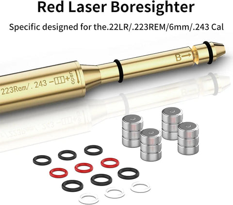 Laser Bore Sight For .22LR .223 Rem .243 And 6mm Rifles With Red Dot Compatibility shown with batteries and O-rings