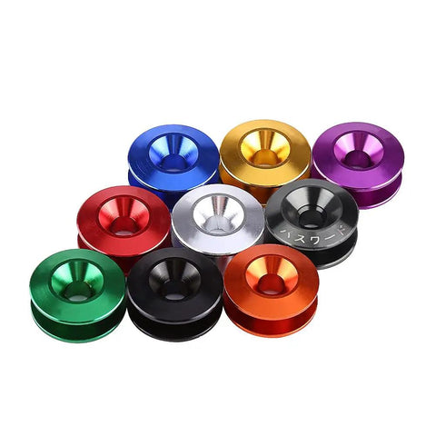 Assorted anodized aluminum fasteners from Red Universal Bumper Quick Release Kit For Cars Front And Rear Trunk Fasteners Fender Holder Set