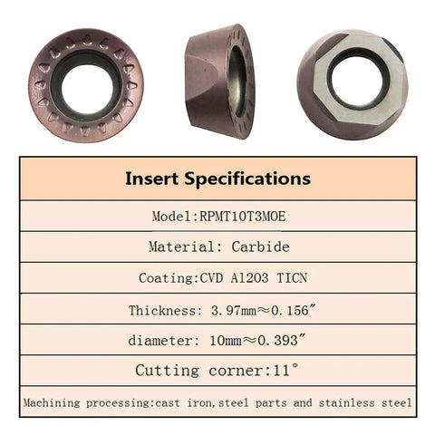 11 Pieces RPMT10T3 MOE Indexable Carbide Milling Inserts Kit With SRDPN1616H10 Tool Holder And T15 Wrench specifications