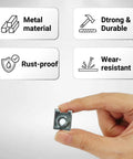 Four Piece Badass U Nut Fastener Clips For Car License Plates And Bumpers Built Tough For Any Ride Quick Install Rust Resistant Steel Hardware Lock It Down Tight, showing metal clip in hand with features highlighted.