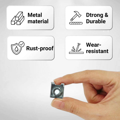 Four Piece Badass U Nut Fastener Clips For Car License Plates And Bumpers Built Tough For Any Ride Quick Install Rust Resistant Steel Hardware Lock It Down Tight, showing metal clip in hand with features highlighted.