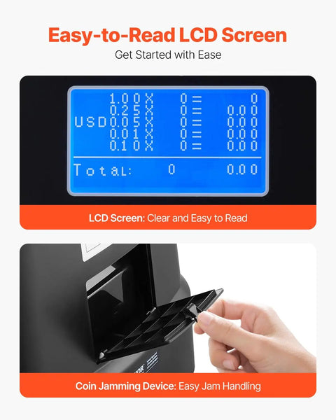 Coin Counter And Sorter With Intuitive Display, Fast 300 Coins Per Minute, 5 Coin Tubes And 5 Trays, showing LCD screen