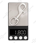 SHONAN 3.5-Inch swivel eye snap hooks, stainless steel, 2-pack, front view on digital scale showing 1.800 oz