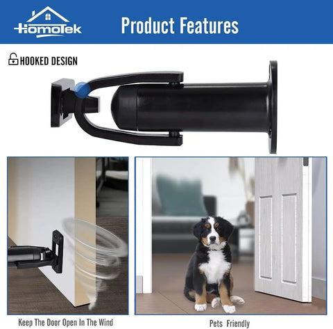 Dead Quiet Latch Hook Door Stopper With Slick Rubber Bumper And Sound Dampening Padding To Shield Walls And Keep Doors Chill Zinc Alloy Heavy Duty Black Pack shown in use with dog.