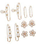 Eight Piece Pearl Waist Tightener Pin Set Elegant Alloy Dress Cincher Clips, displaying clips and flower designs for gap filling.