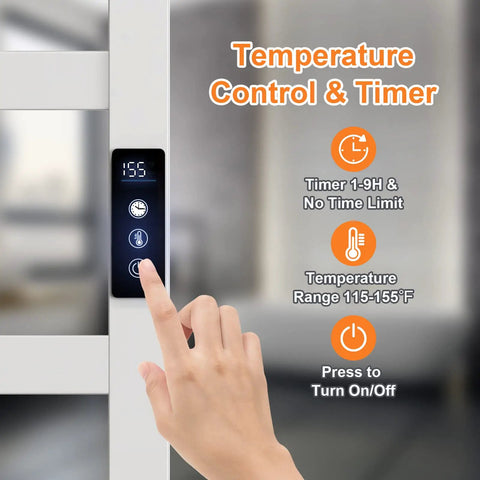 Hand using timer and temperature control on 5 Bar Heated Towel Rack With Timer And Smart Temperature Control, 304 Stainless Steel Wall Mounted Electric Towel Warmer For Bathroom, Keeps Towels Toasty On Demand And Easy To Install.