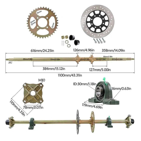 Beefed Up 44 Inch Rear Live Axle Kit With 530 Chain Hydraulic Brake Caliper Wheel Hubs Rotors for Go Karts and ATVs.