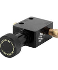 Adjustable Brake Proportioning Valve With Aluminum Alloy Housing And Two Connectors For Hot Rods And Muscle Cars Zero Slop Pedal Feel from side angle.