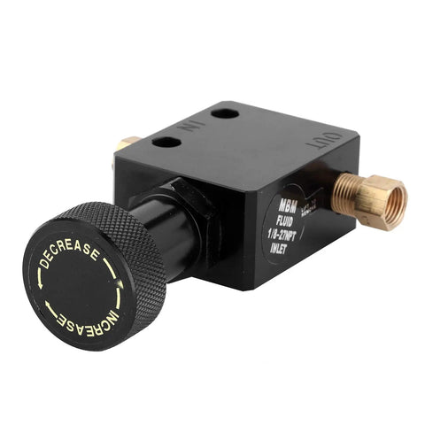 Adjustable Brake Proportioning Valve With Aluminum Alloy Housing And Two Connectors For Hot Rods And Muscle Cars Zero Slop Pedal Feel from side angle.
