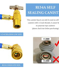 Close-up of R134A Refrigerant Charging Hose Kit With Pressure Gauge And Half Inch Tap Dispensing Valve For Car Air Conditioning Recharge Must Have For Pros And DIY Home Mechanics showing connection details.