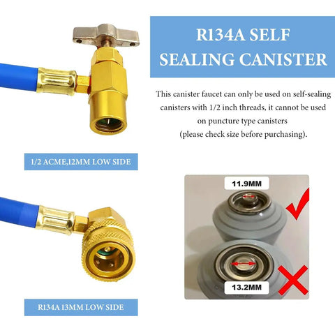 Close-up of R134A Refrigerant Charging Hose Kit With Pressure Gauge And Half Inch Tap Dispensing Valve For Car Air Conditioning Recharge Must Have For Pros And DIY Home Mechanics showing connection details.