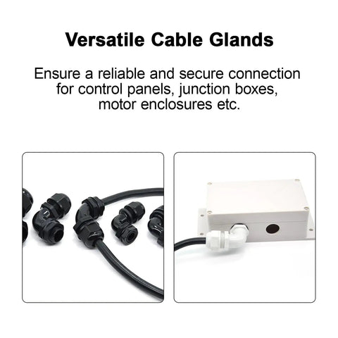 Versatile 90 Degree M20 Cable Gland Adjustable 9 to 14mm Strain Relief Cord Connector in use with box and cables