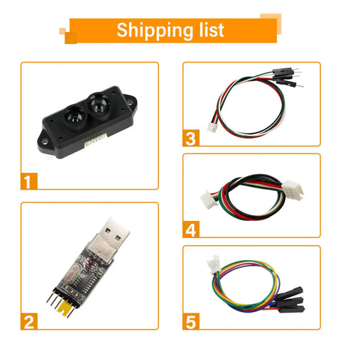 Compact Lidar Sensor For Drones And Robots With 0.1-12m Range, UART And I2C, cables, USB adapter, and connectors
