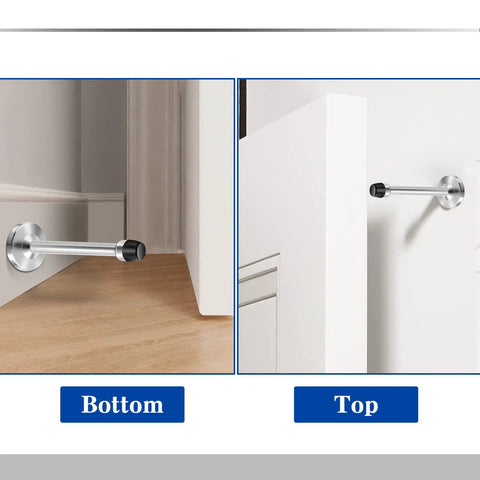 Long 5 Inch Door Stopper Set In Brushed Stainless, Wall Mounted Baseboard Door Holders With Rubber Tip, installed at top and bottom.