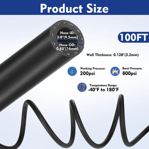 Three Eighths Inch EPDM Garden Hose 100 Ft Heavy Duty Sprayer Hose 200 Psi Kink Resistant All Purpose Air Water Chemical Resistant