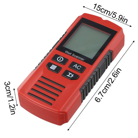 7-in-1 for stud Finder Wall Scanner LCD Display Deep Scan 7-in-1, red handheld tool with LCD, dimensions shown.