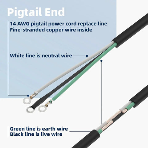 Pigtail end of Heavy Duty Rock Solid Replacement Power Cord for Skil SPT77W SPT78W SPT55, showcasing wire colors and specifications.