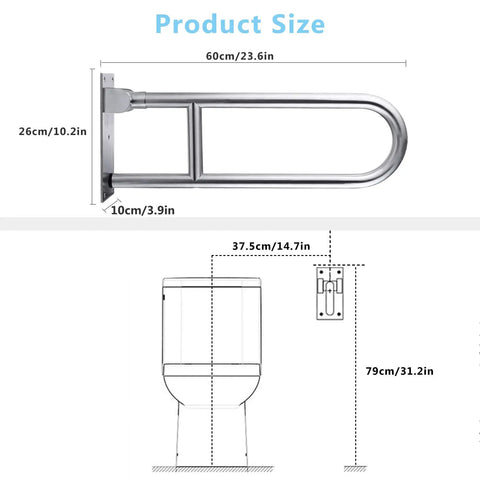 Diagram showing dimensions of the Sturdy 23.6 Inch Stainless Steel Toilet Grab Bar With Flip Up Design For Bathroom Safety and toilet setup.