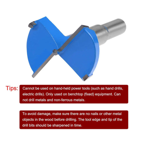 Forstner drill bit blue/gray with silver shank, side view wood hole cutter