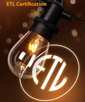 Close-up of Edison bulb with ETL logo, part of 48 Ft Outdoor String Lights 2x24Ft With 20 Edison Vintage Bulbs And 16 Hanging Sockets