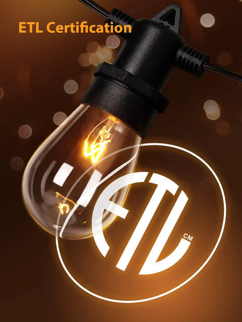 Close-up of Edison bulb with ETL logo, part of 48 Ft Outdoor String Lights 2x24Ft With 20 Edison Vintage Bulbs And 16 Hanging Sockets