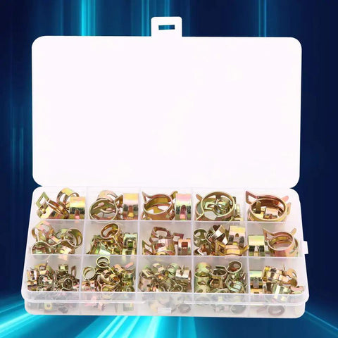 Rock Solid 115 Piece Hose Clamp Assortment Kit With Colored Zinc Plated Spring Clips For Water Tubes Air Pipes And Automotive Plumbing Fasteners That Are Durable Versatile And Perfect For Any Home Repair Job You Might Have. open organizer with assorted zinc plated hose clamps