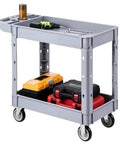 Beefy Heavy Duty Utility Cart With Two Tier Shelves 550 Lbs Capacity Heavy Plastic Rolling Cart With 360 Degree Swivel Wheels And Two Brakes Tool Storage Tray For Garage Workshop And Warehouse, gray plastic, 2-tier cart with tools