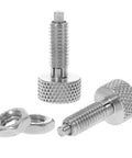 Two Pack Straight Up Heavy Duty Knurled Knobs And Indexing Plungers Quick Release Pins Spring Loaded Toolbox Locking Screws Silver hardware with nuts.