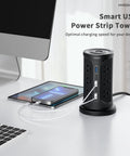 12 Outlets Tower Power Strip Surge Protector With 3 USB Ports Six And A Half Feet Cord on office desk with smartphone charging