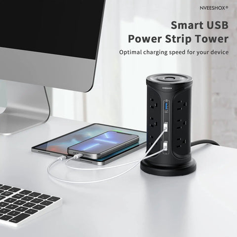 12 Outlets Tower Power Strip Surge Protector With 3 USB Ports Six And A Half Feet Cord on office desk with smartphone charging