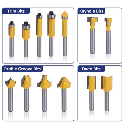 Pro Grade 70 Piece Router Bit Set With 1 Quarter Inch Shank, Tungsten Carbide Bits For Woodworking, close-up of various tip shapes