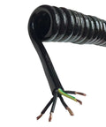 Rugged Slick Retractable Coiled Wire Five Core 13 AWG Spring Extension Cable showing black spiral design and exposed wires.