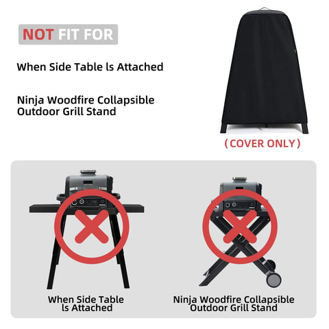 Waterproof Outdoor Grill Cover For Woodfire Pro XL Models OG321 701 751 850 951 And Artisan Pizza Oven OO101 MO201 On XSKUNSTAND Stand All Weather Shield For OG300 700 800 900 OO100 MO200 showing non-fit with side tables.