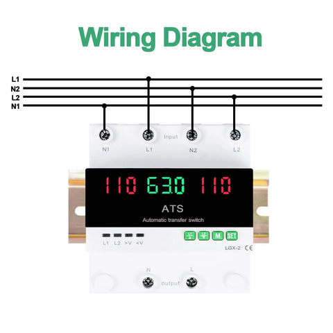 63A 110V Automatic Manual Transfer Switch With L1 Priority Phase Selector LED Display, wiring diagram visible, DIN rail mount