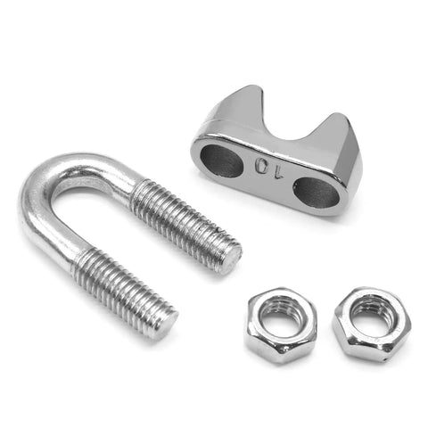 6 Pack Three Eighths Inch M10 Stainless Steel Wire Rope Clip Clamp U Bolt Saddle Fastener for rigging cables displayed on white background