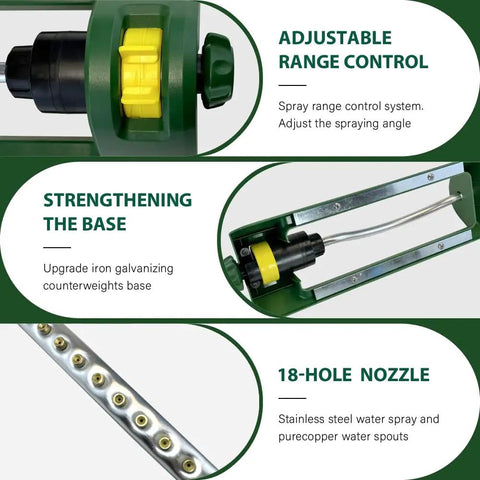 Heavy Duty Oscillating Lawn Sprinkler With 18 Brass Nozzles Delivers Up To 3,600 Sq Ft Coverage, Adjustable Spray Angles, Built In Jet Cleaning Needle, And Weighted Base For Stable, Hassle Free Yard Watering, A Real Game Changer with details on adjustable range control, strengthening base, and 18-hole nozzle