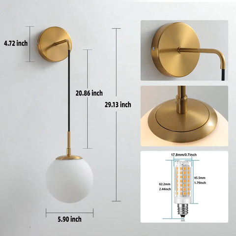 Brushed Gold Modern Wall Sconces Set Of Two With Milky White Hanging Globe Glass Shade Indoor Wall Lighting dimensions view