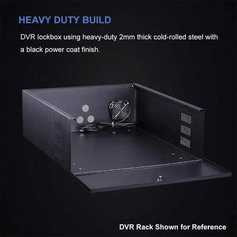 Heavy Duty 16 Gauge DVR Security Lockbox With Cooling Fan, black finish, showing interior layout and cable pass through knockouts.